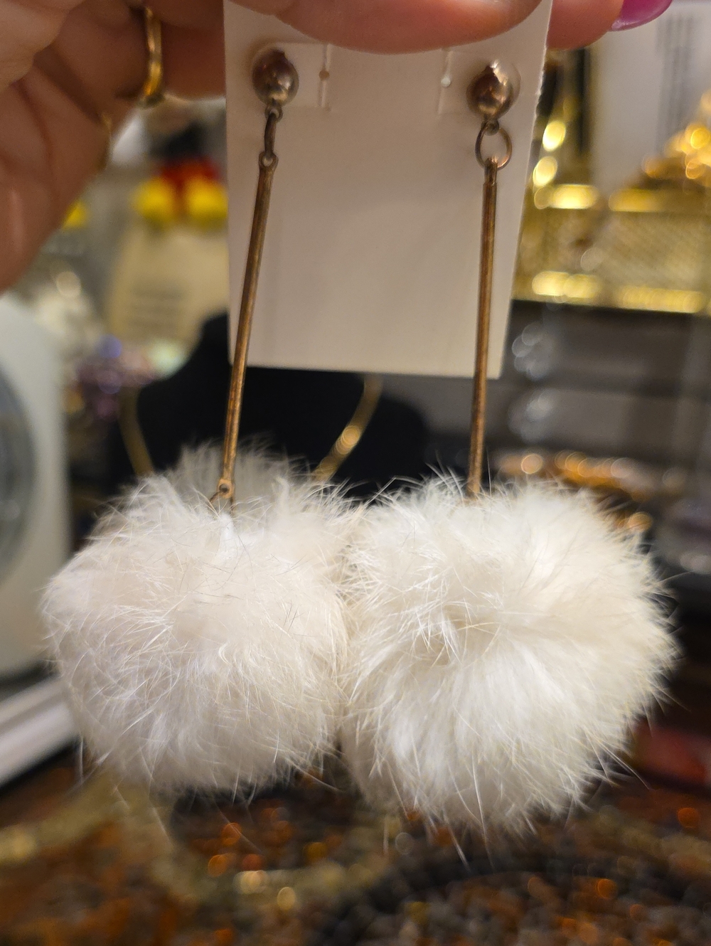 Source Unknown White Faux Fur Pom Drop Earrings